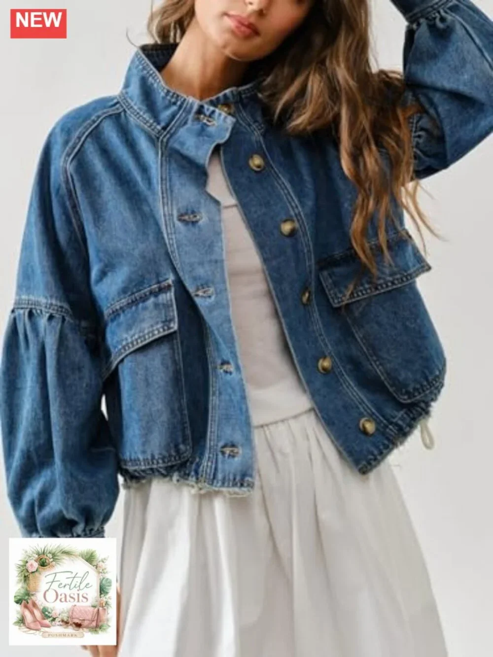 Womens Denim Bomber Jacket Balloon Sleeve Drawstring Waist Twill Coat with